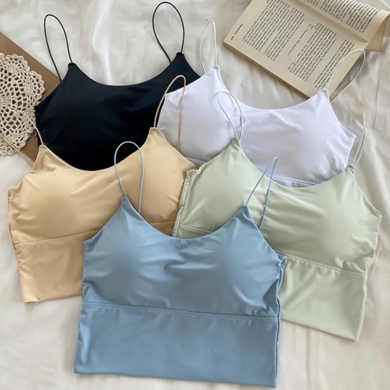 Sexy Solid Color Crop Tops Sports Spaghetti Strap Tanke Top Women Internal Bra Off Shoulder Sleeveles Omighty Camisole Underwear