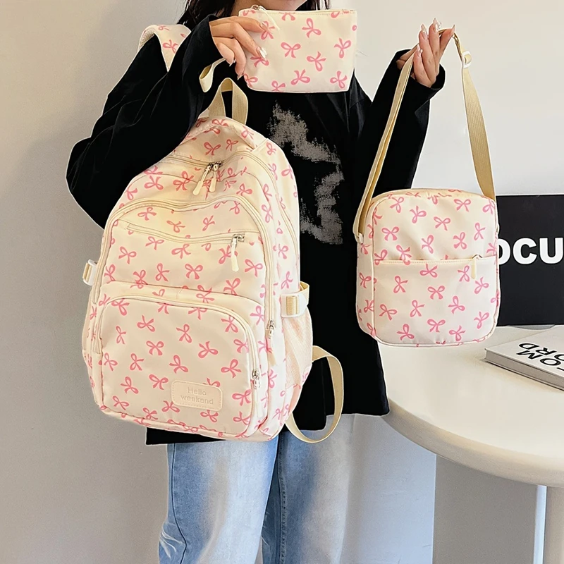 

3 PCS Cute Large Capacity Bow Backpack Nylon School Bag Adjustable Strap College Bag Travel Backpack Student Backpack