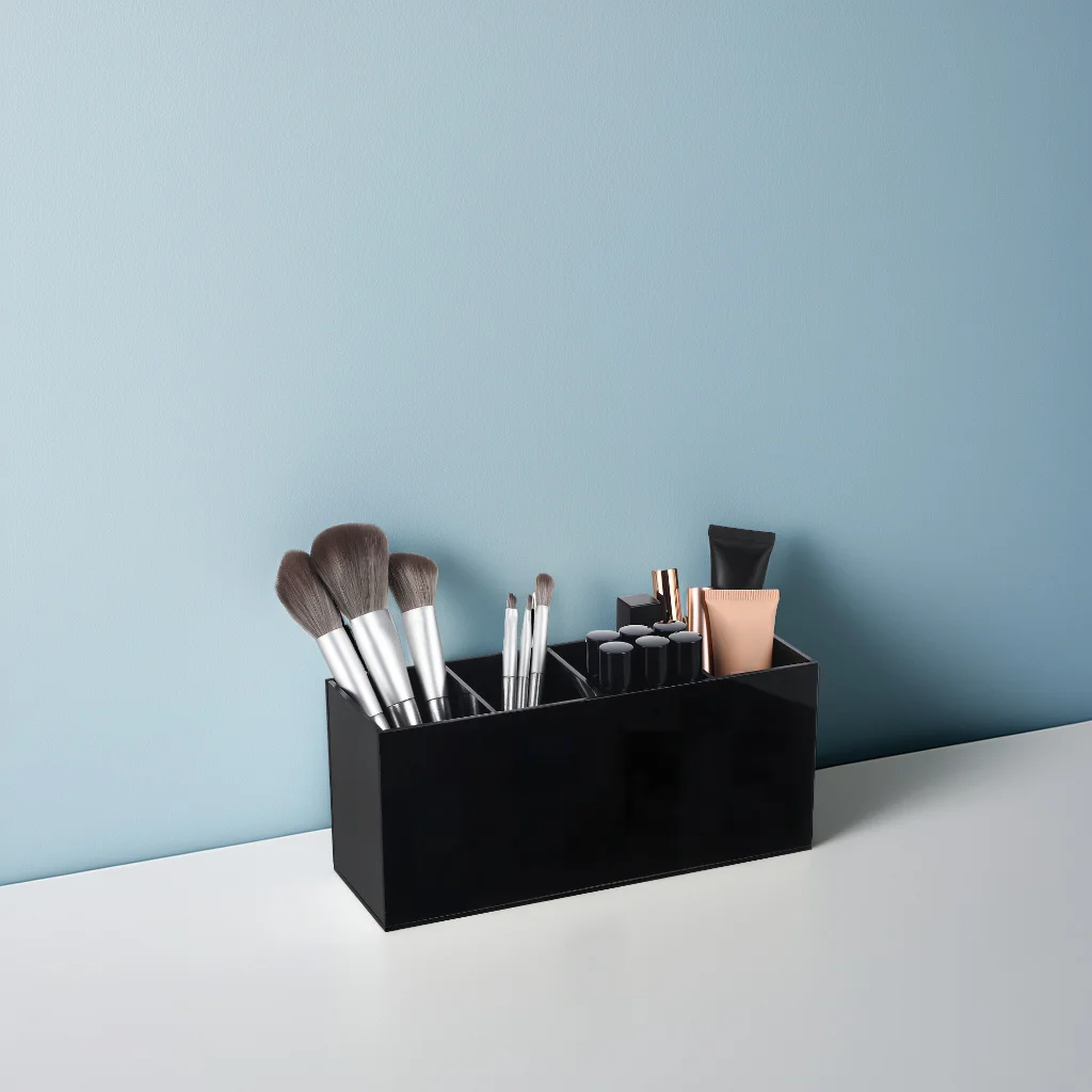 حامل مكتب منظم القلم الأكريليك 4 مقصورات قلم رصاص مدمج فرشاة للمكياج تخزين القرطاسية اللوازم المكتبية #3