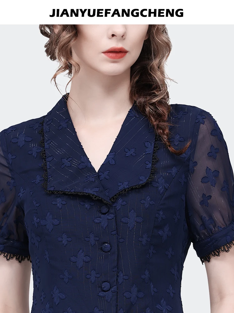 2023 Summer Women 50s Short Sleeve Square Neck Vintage Chiffon Blouse With Lace Edge Mid-length Bodycon Cinch Waist Casual Shirt