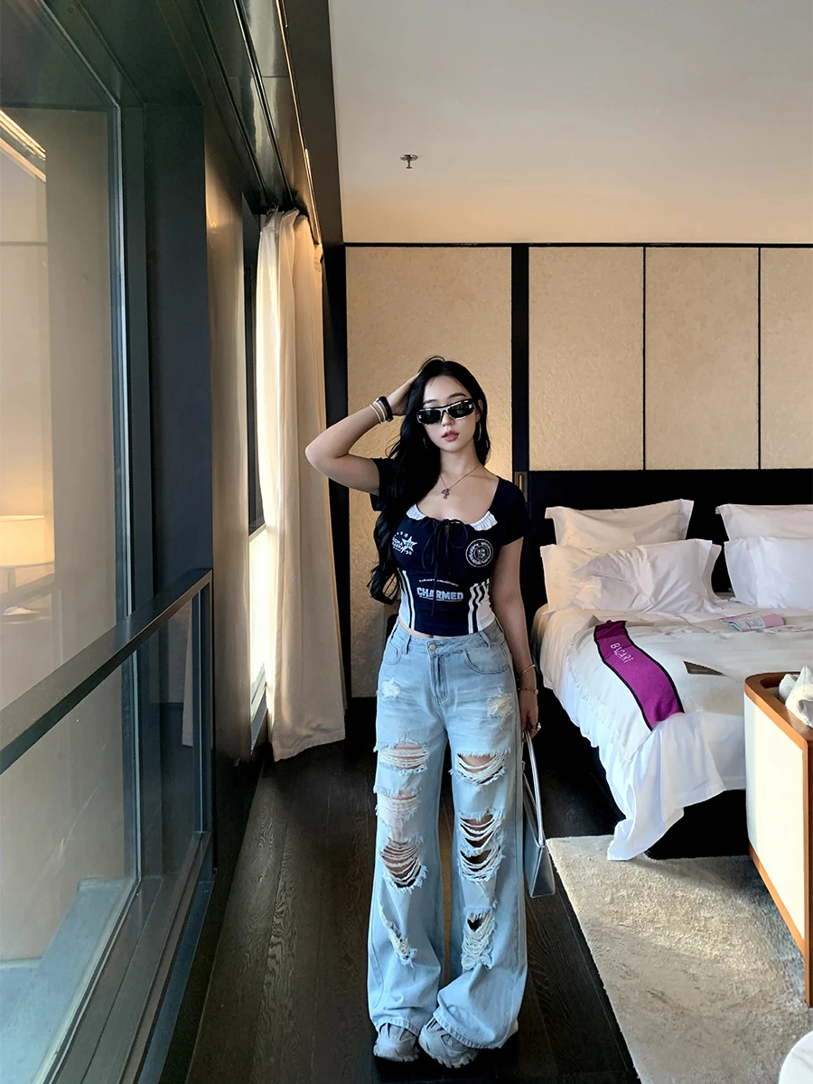 

Washed American Hole Design Fashionable Loose Straight Leg Jeans Micro Plump Cotton Stretch Denim Casual High Waist Zipper