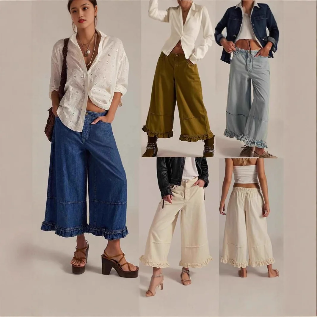 Women's Solid Color Wide Leg Ankle Length Loose Jeans Pants European American New Fashion Female Denim Trousers Bottom Clothes