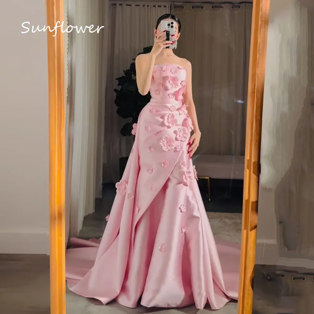 Sunflower Pink Strapless Satin Appliques Mermaid Prom dress 2024 Slim Backless Floor-Length Sweep Train Formal Evening Dress