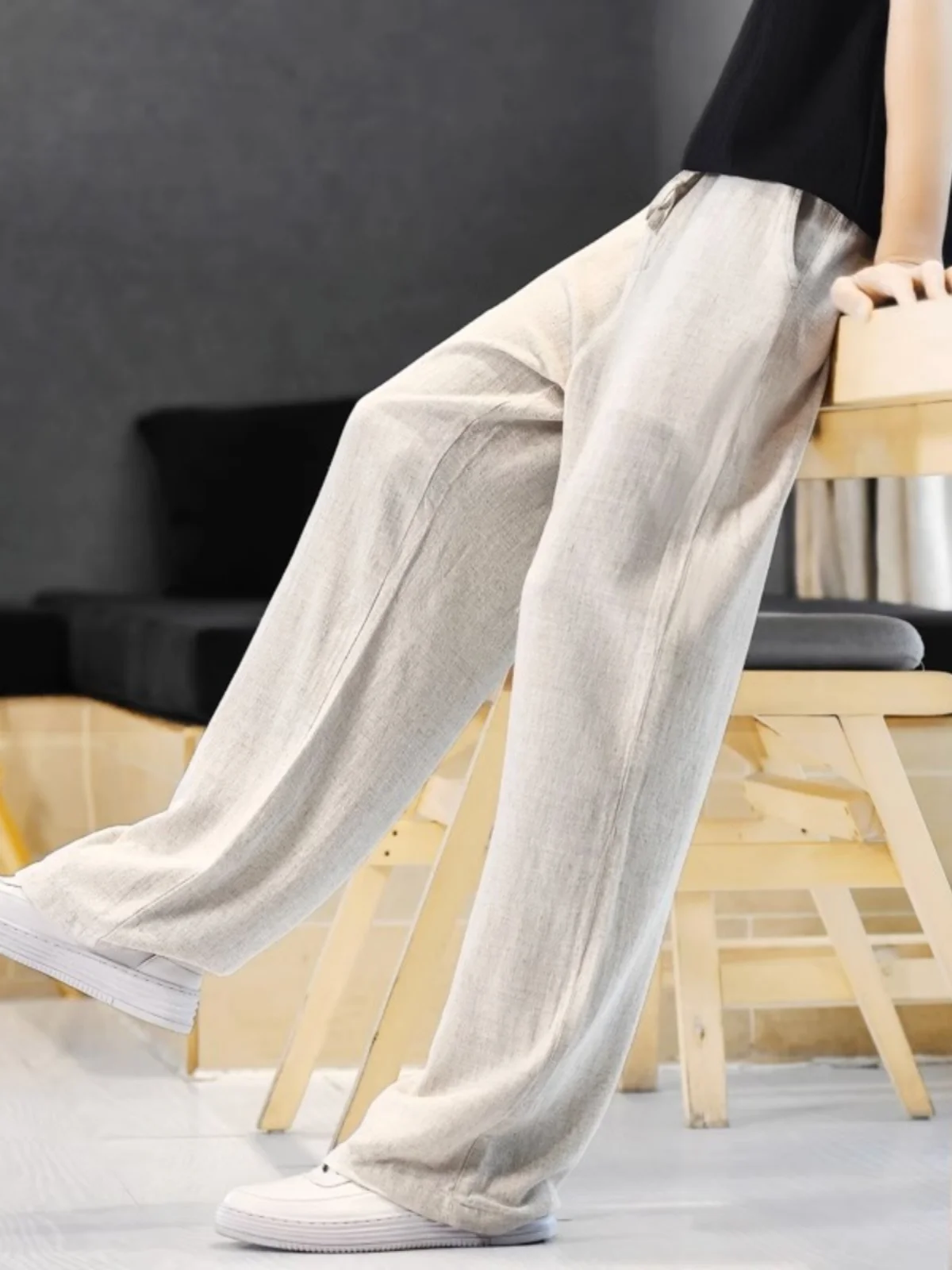 

Men's Summer Vintage Linen Cotton Loose Fit Straight Leg Sports Casual Pants Dstring High Waist Pure Color Youth Energy Sle