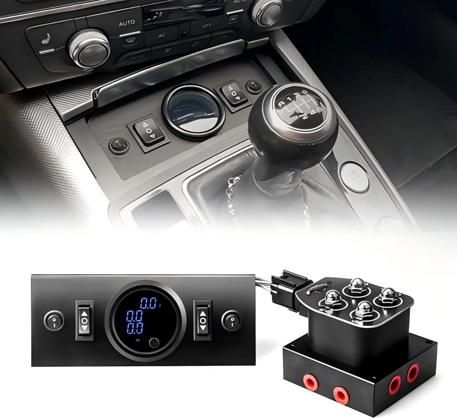

New Upgrade 12V 4-Valve Air Suspension Manifold Kit with Control Panel & 3 Pressure Gauges, Blue Display, Universal Fit for Cars