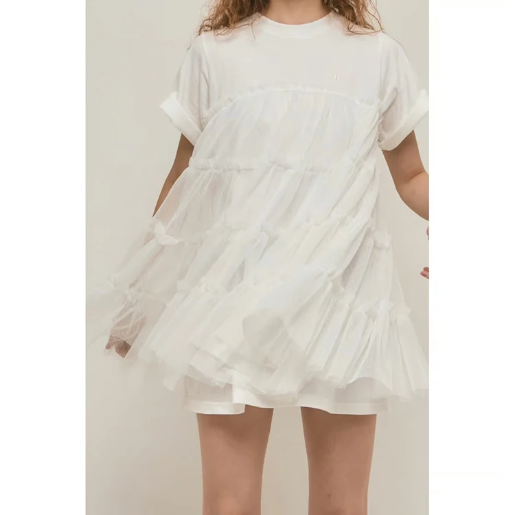 Japanese Style Sweet Short Dress Women's Mesh Stitching Loose Waist O- Neck A-line Dress Lady Short Sleeve Long T-Shirt Summer
