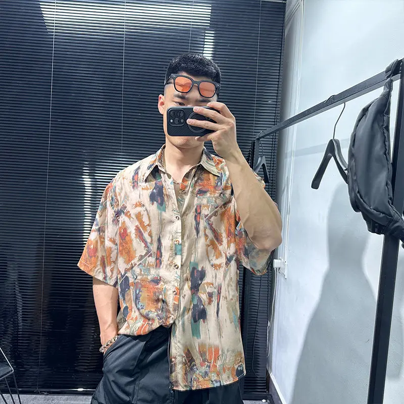 Dark Style High-Grade Retro Tie-Dyed Distressed Shirt Men's Short Sleeve Loose Lapels Vacation Casual Fashion