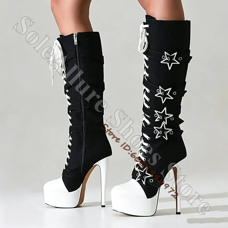 Star Buckle Knee High Platform Stiletto Boots Front White Lace Up Side Zip Canvas Tall Booties Goth Punk Festival Stage Boots