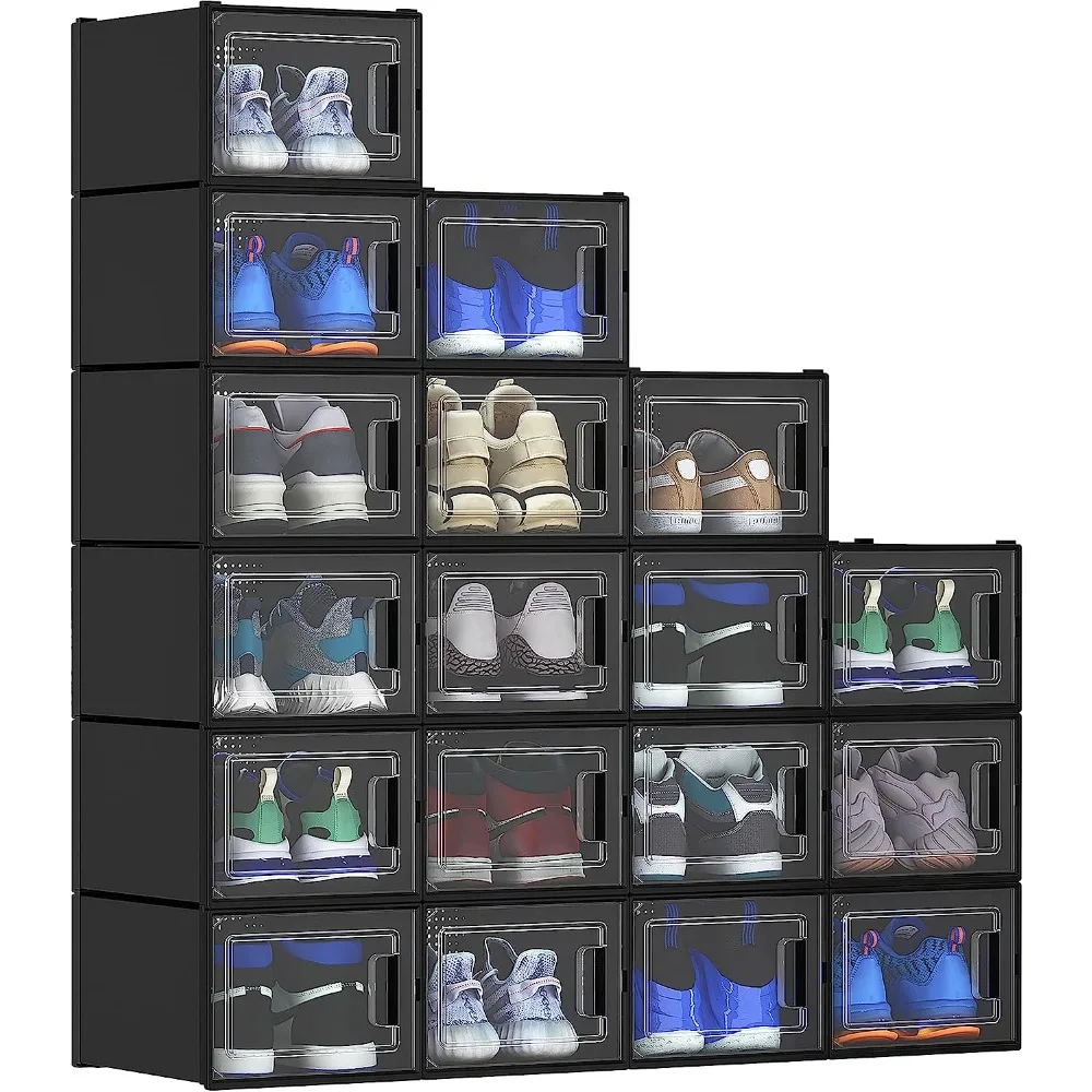 Stackable Shoe Storage Box, Rack Containers, Drawers, Black, X-Large Size Shoes, Fit for All Sizes, 18 Pcs