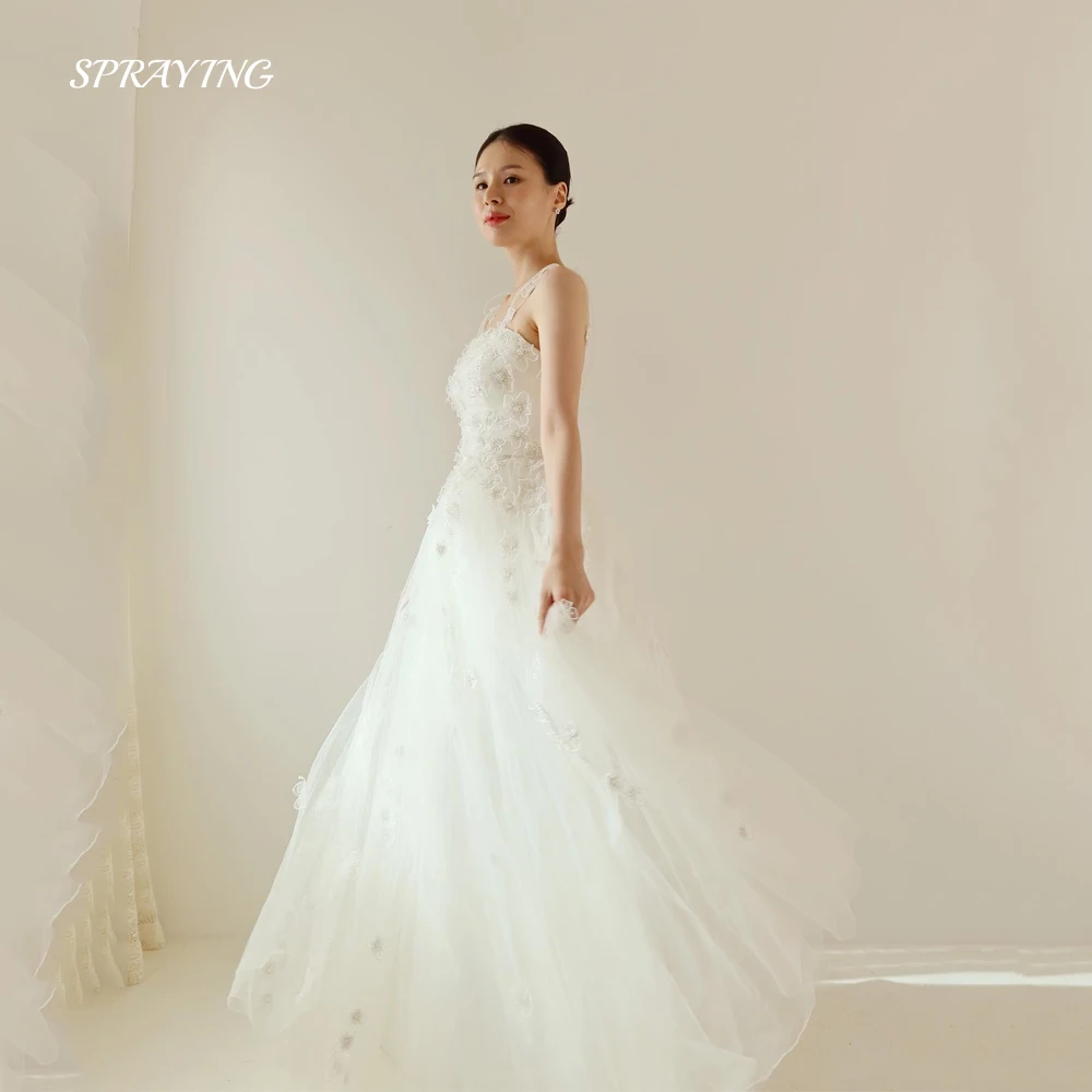 

SPRAYING Simple A Line Wedding Dress Korea Photoshoot Square Neck Sleeveless Soft Tulle Lace Applique Bridal Gown