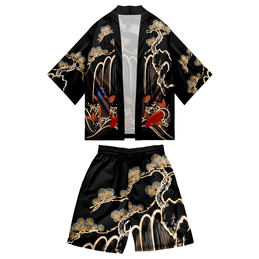 Harajuku Traditional Ukiyo-e Carp Wave Print Two Piece Suit Women Kimono Shorts Japanese Cardigan Men Cosplay Haori Clothing