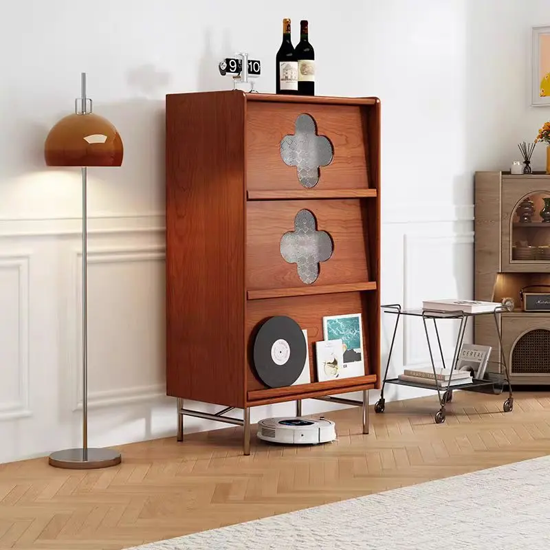 

Medieval solid wood four-leaf clover side cabinet next to TV cabinet retro small apartment living room wall combination cabinet