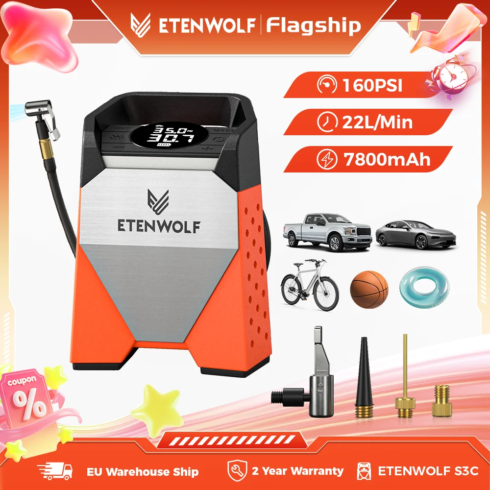 ETENWOLF S3C Reifenfüller Tragbarer Luftkompressor, Schnelle Aufpumpung und 100% Betriebszyklus, 160 PSI Luftpumpe für Autos, Fahrräder, Bälle