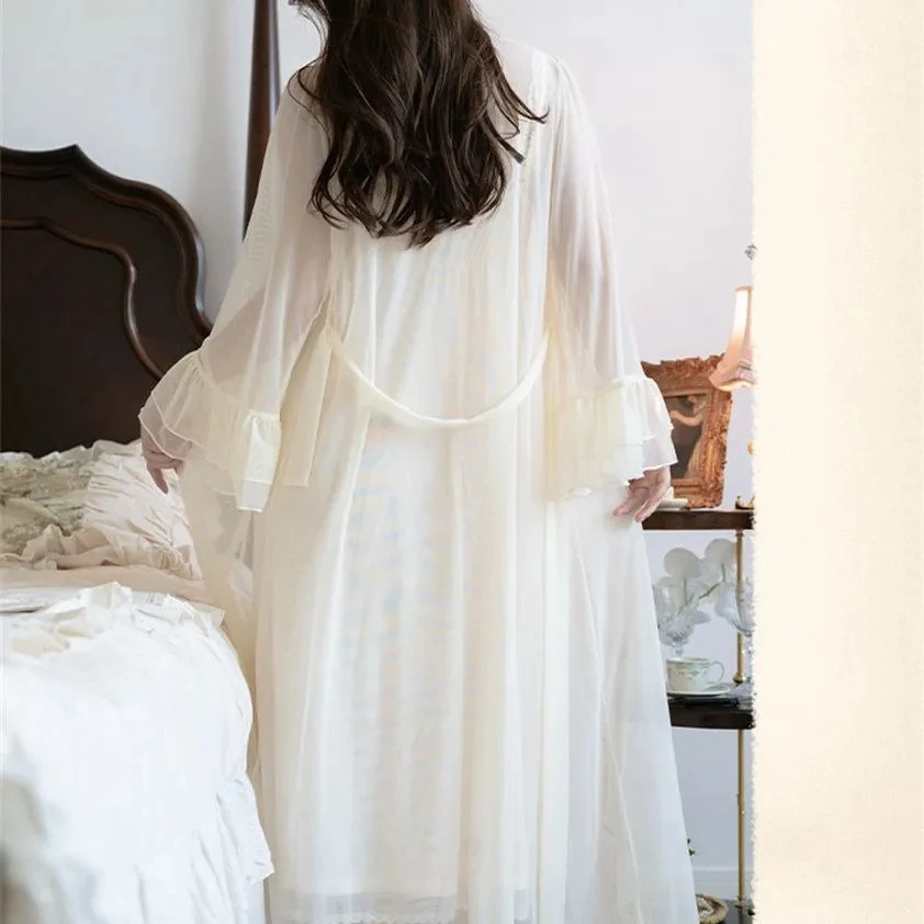 Sexy Womens Nightdress Lace Princess Nightgowns Slip Vintage Lady Women 2 Pcs Robe Set Autumn Pajama Sleepwear Bathrobe Home Set