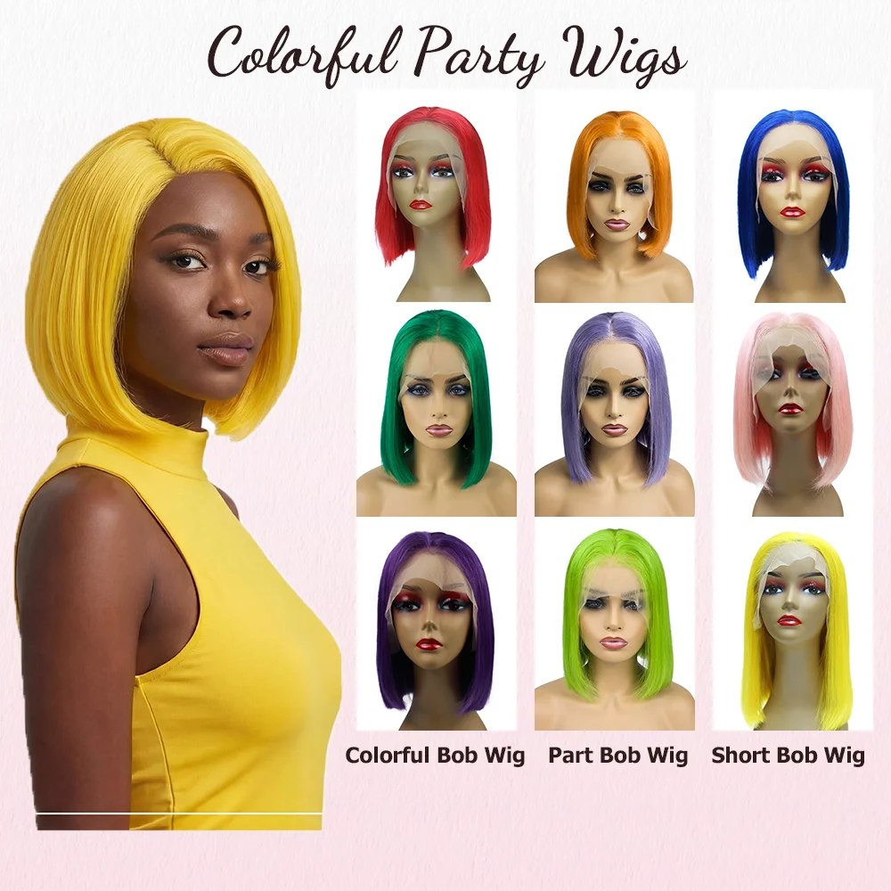 Ali Queen Hair Shor Bob Wig 13x4 Short Bob Wig Human Hair Brazil Yellow Green Afro Wig Football Fan Party Hair Straight