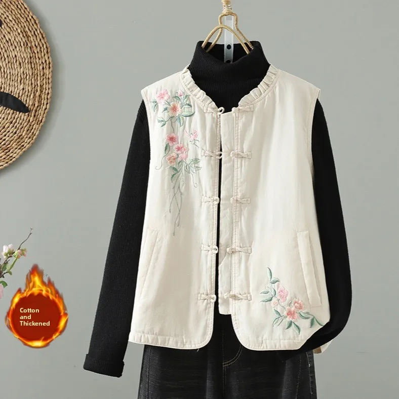 Retro Wood Grain  V-Neck Button Cotton Linen Embroidered Sleeveless Thin Cotton Vest Autumn Winter New Style Chinese Styl...