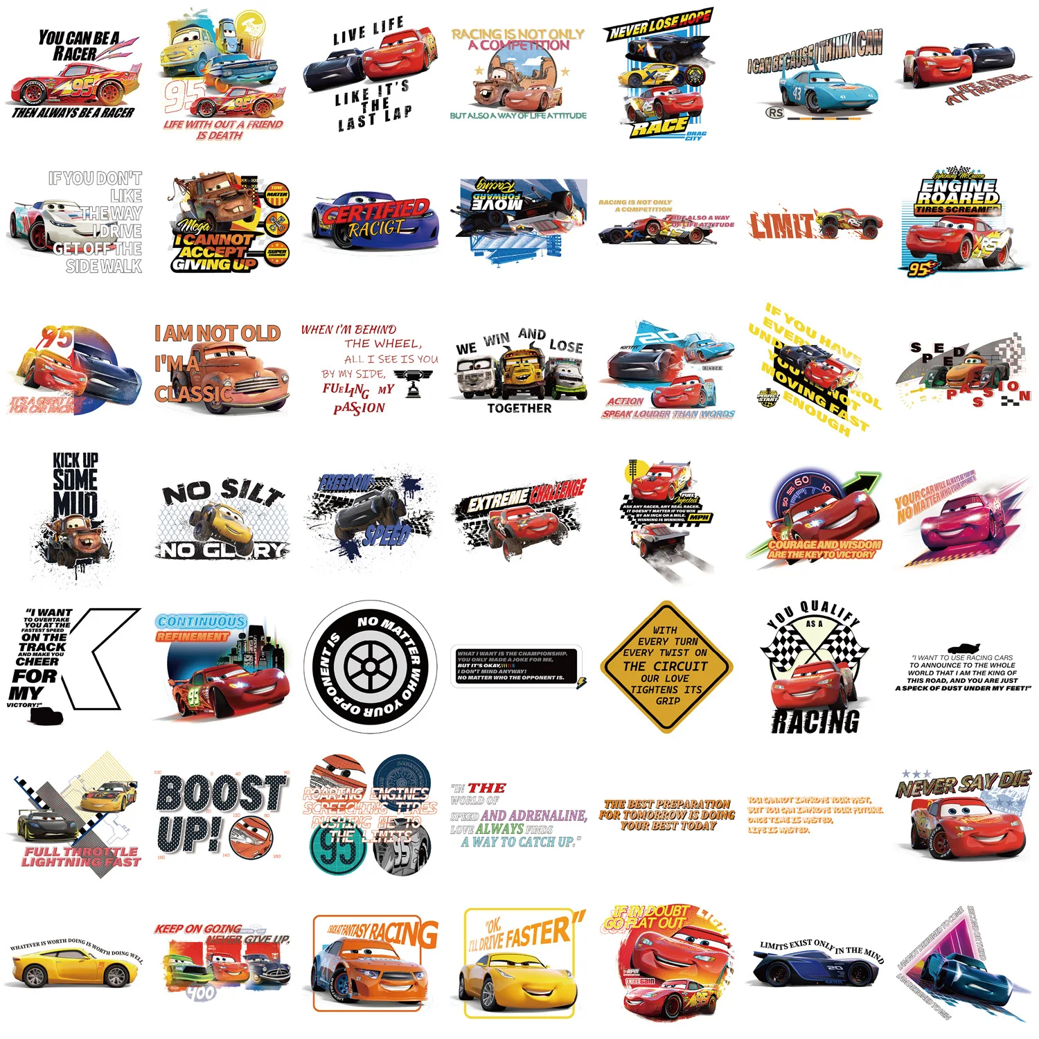 

50PCS Disney Car Quotations Graffiti Stickers Creative Decoration Guitar Notebook Mobile Phone Case DIY Waterproof Toys Gifts