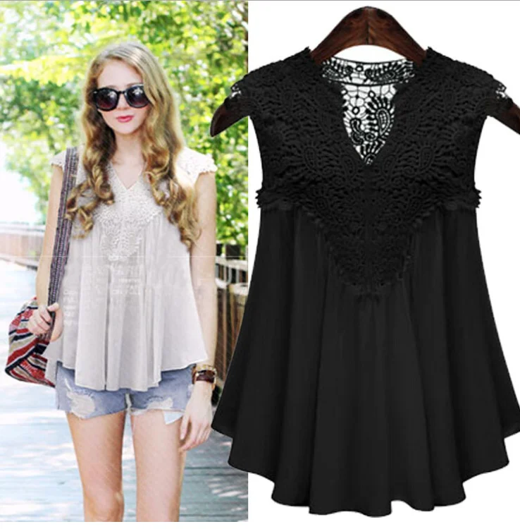 

Женская модная летняя/весенняя блузка-жилет больших размеров из шифона с кружевными вставками, хлопковая смесь, для пляжного отдыха