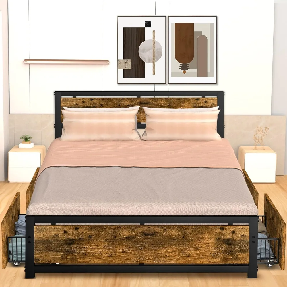 Full Bed Frame with 4 Drawers Storage, Platform Bed Frame with Headboard and Footboard, Heavy Strong Metal Support Frames