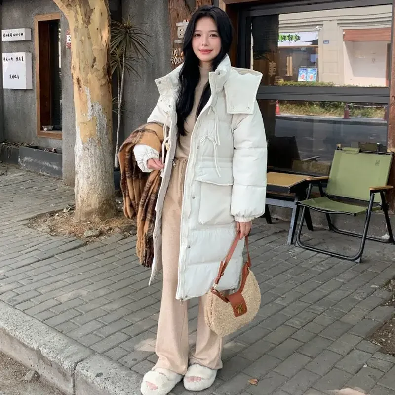 Winter New Women's Down and Cotton Jacket Loose Commuting Windproof Hooded Warm Cow Horn Buckle Parkas