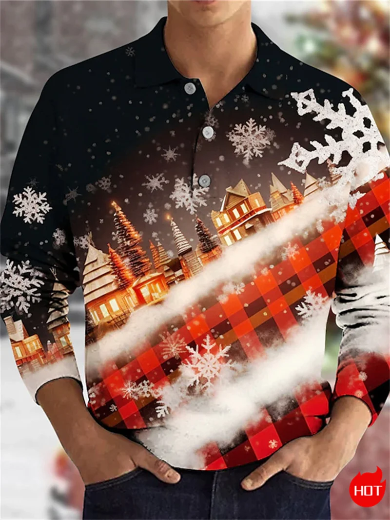 3D Merry Christmas Printed Long Sleeve Polo Shirt Santa Claus Graphic Men's Polo Shirts Cute Reindeers Snowflakes Shirts For Men