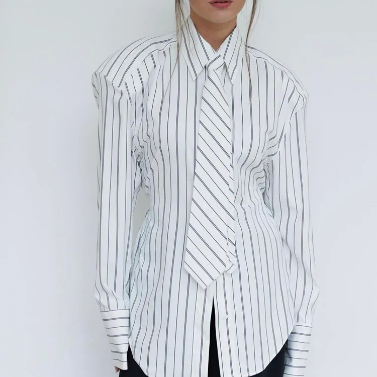 

2026 Casual Lapel Long Sleeve Blouse Lady Elegant Classic Tie Top Female Clothing Fashion Loose Stripe Print Women Shirt