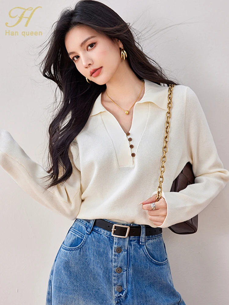 H Han Queen Autumn Winner Tops Loose Long Sleeve Women Sweaters Elegant Simple Vintage Casual knitted Pullovers Sweaters Female