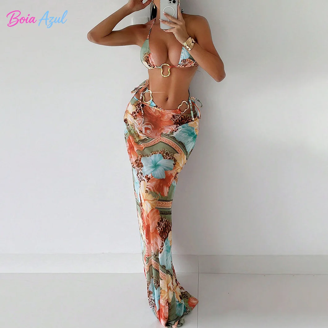 

Tropical print three-piece bikini swimwear halter-style irregularly decorated long cover-up swimwear sexy backless beach swimwea