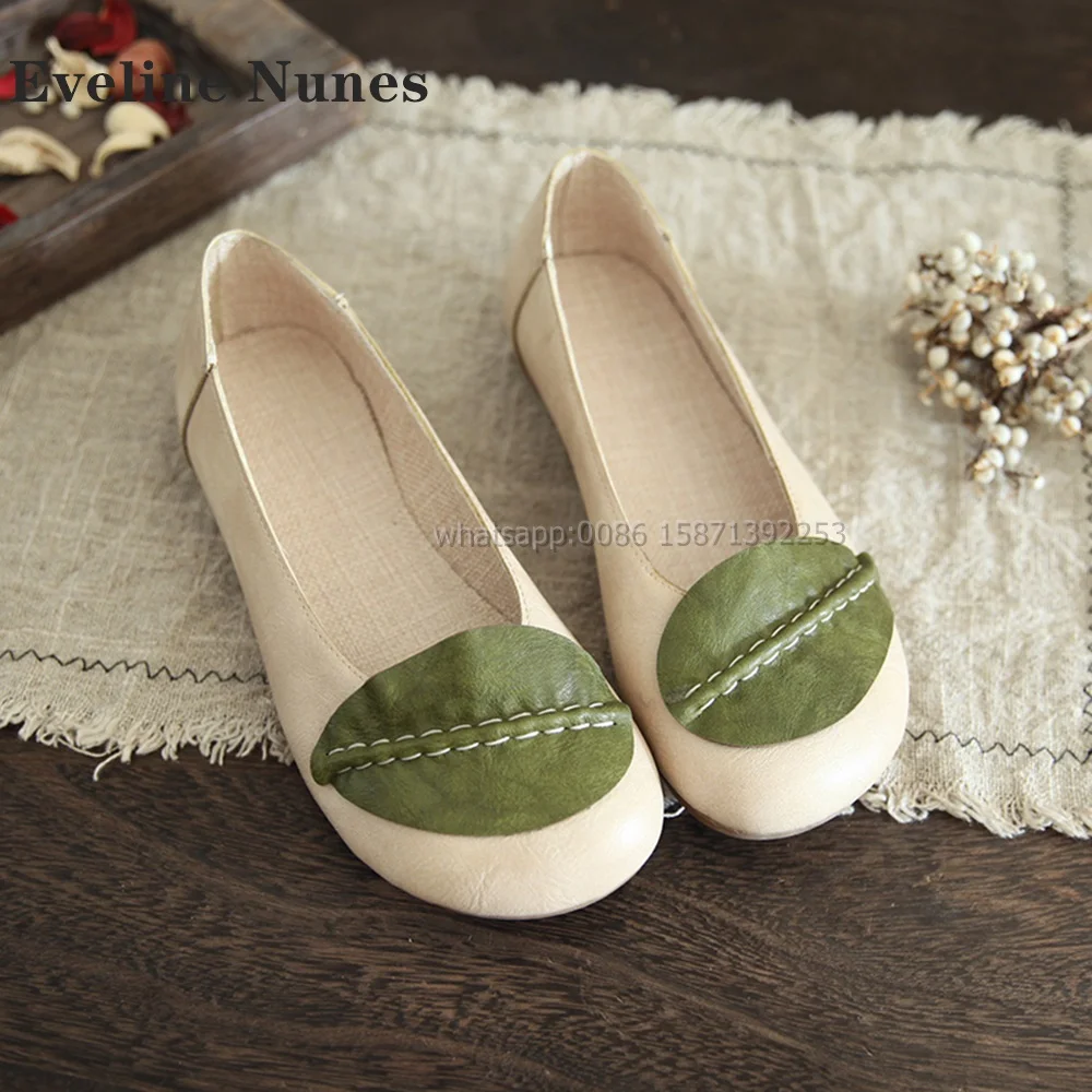 

Leaf Decoration Shallow Bicolor Pumps Round Toe Flat with Slip On Retro Concise Shoes Casual Comfortable Nifty Shoes 2024 Summer