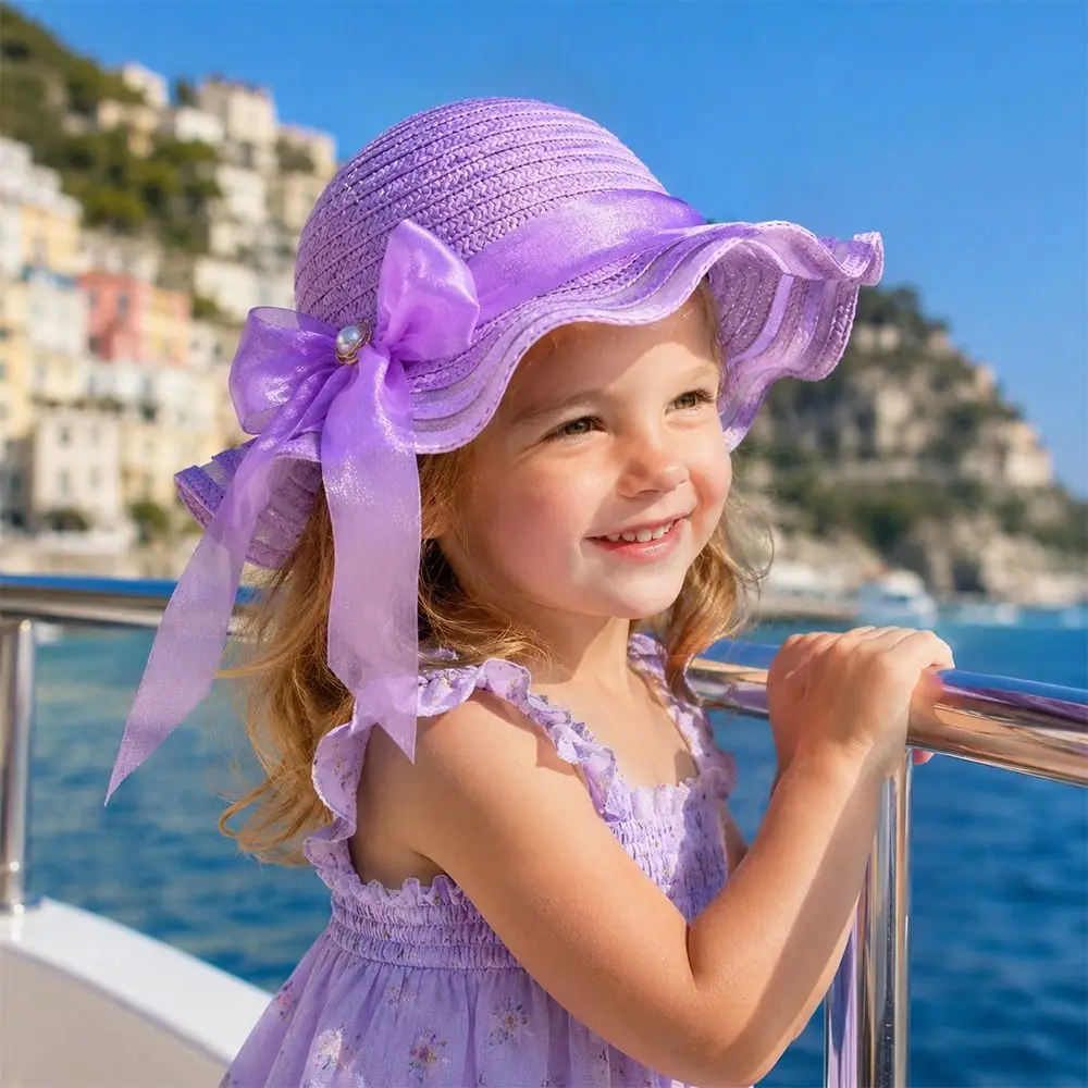 

Sweet Handmade Straw Hat Wide Brim 3-7Year Beach Hat Flower Decoration Sun Visor Travel