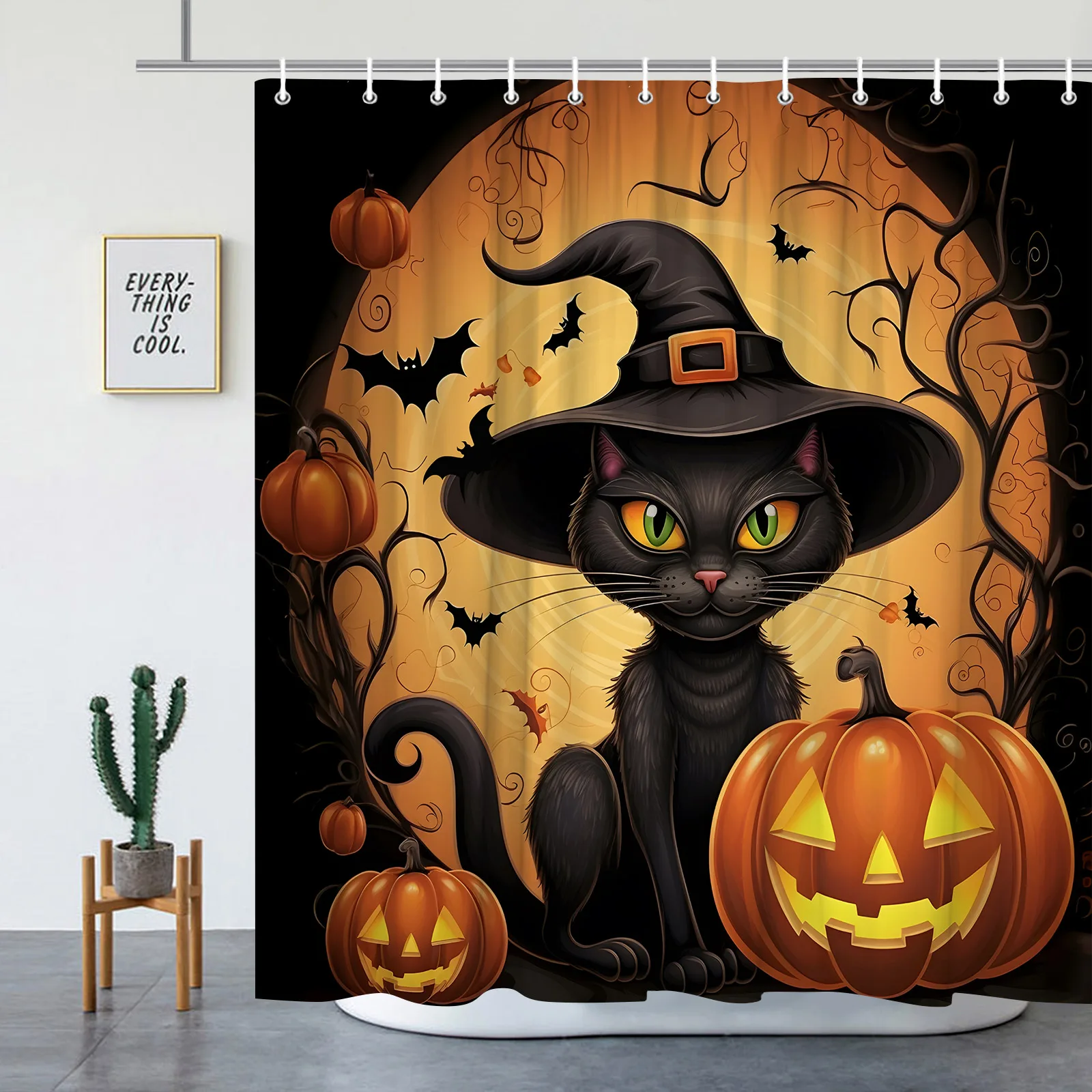 Halloween Shower Curtains Horror Blood Handprint Hazy Silhouette Help Me Skeleton Black Cat Pumpkin Lamp Bathroom Curtain Set