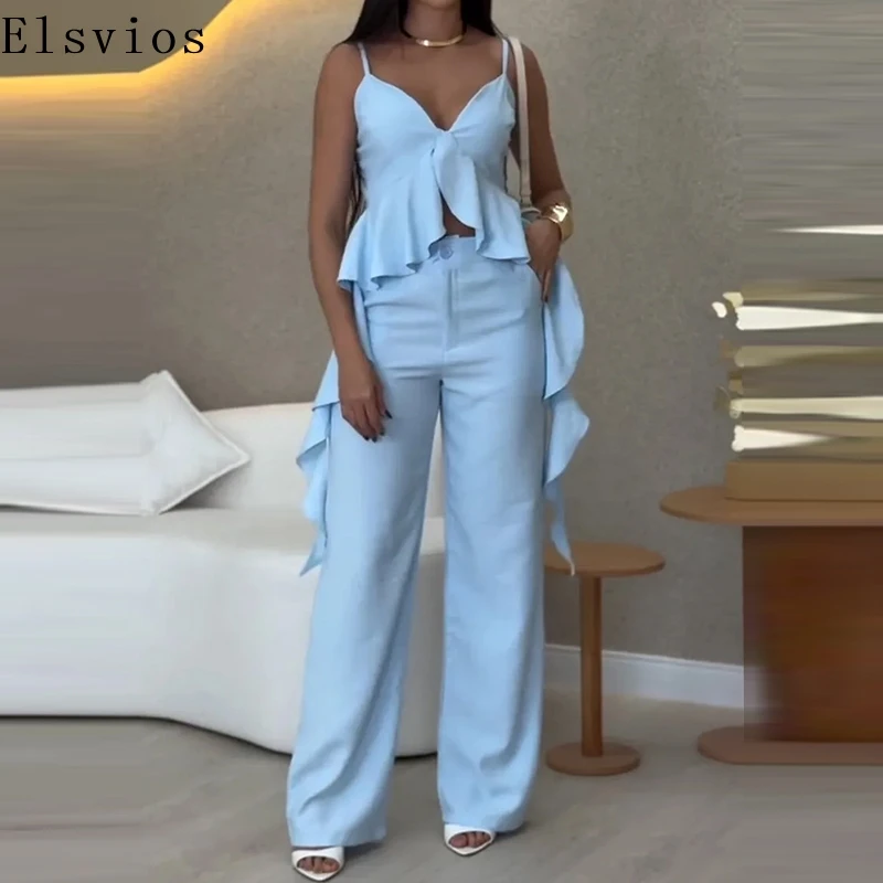 

Women Fashion Ruffled Solid Commuter 2Pc Outfits Casual Sleeveless Loose Suits Elegant V-neck Sling Tops & Straight Pants Sets
