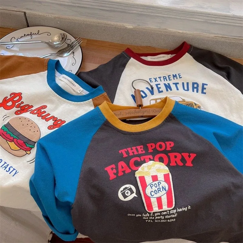 Langarm-T-Shirt für Kinder, Jungen, 2025, koreanischer Frühling und Herbst, reine Baumwolle, Jungen-Tops, Cartoon-Druck, kontrastierendes Unterhemd – Detail 3