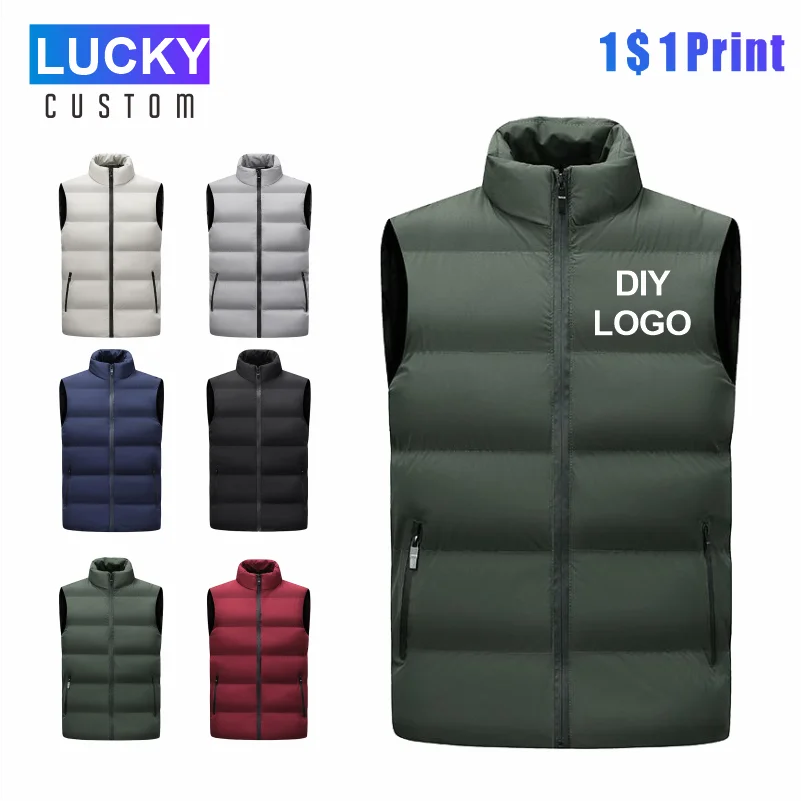 Sleeveless Vest Men's Stand Collar Thicken Jacket Down Windproof Winter Coat Custom Printing Company Brand Diy Logo Warm Vest