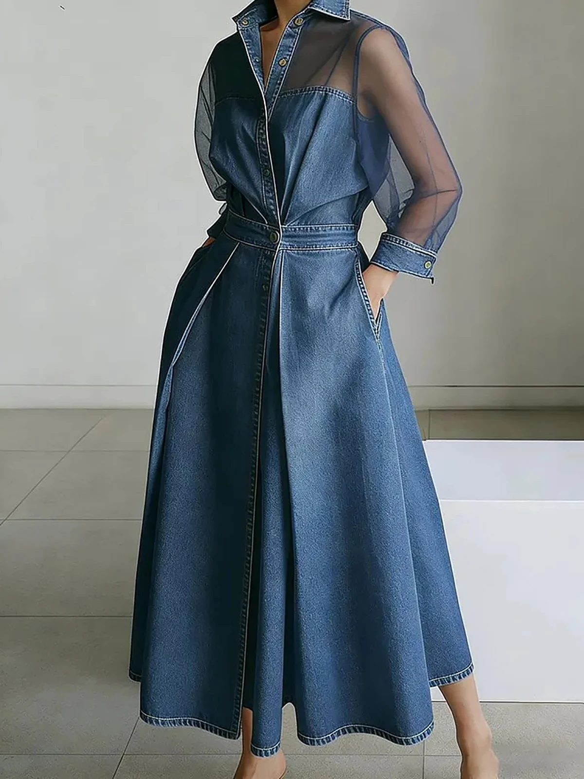 Women's Denim Mesh Patchwork Midi Dress Lapel Collar Button Sheer Long Sleeve Pocket Chic Female Elegant Streetwear Long Dresses 4 Sd162bc24ac174685a2575840b0946cf1O