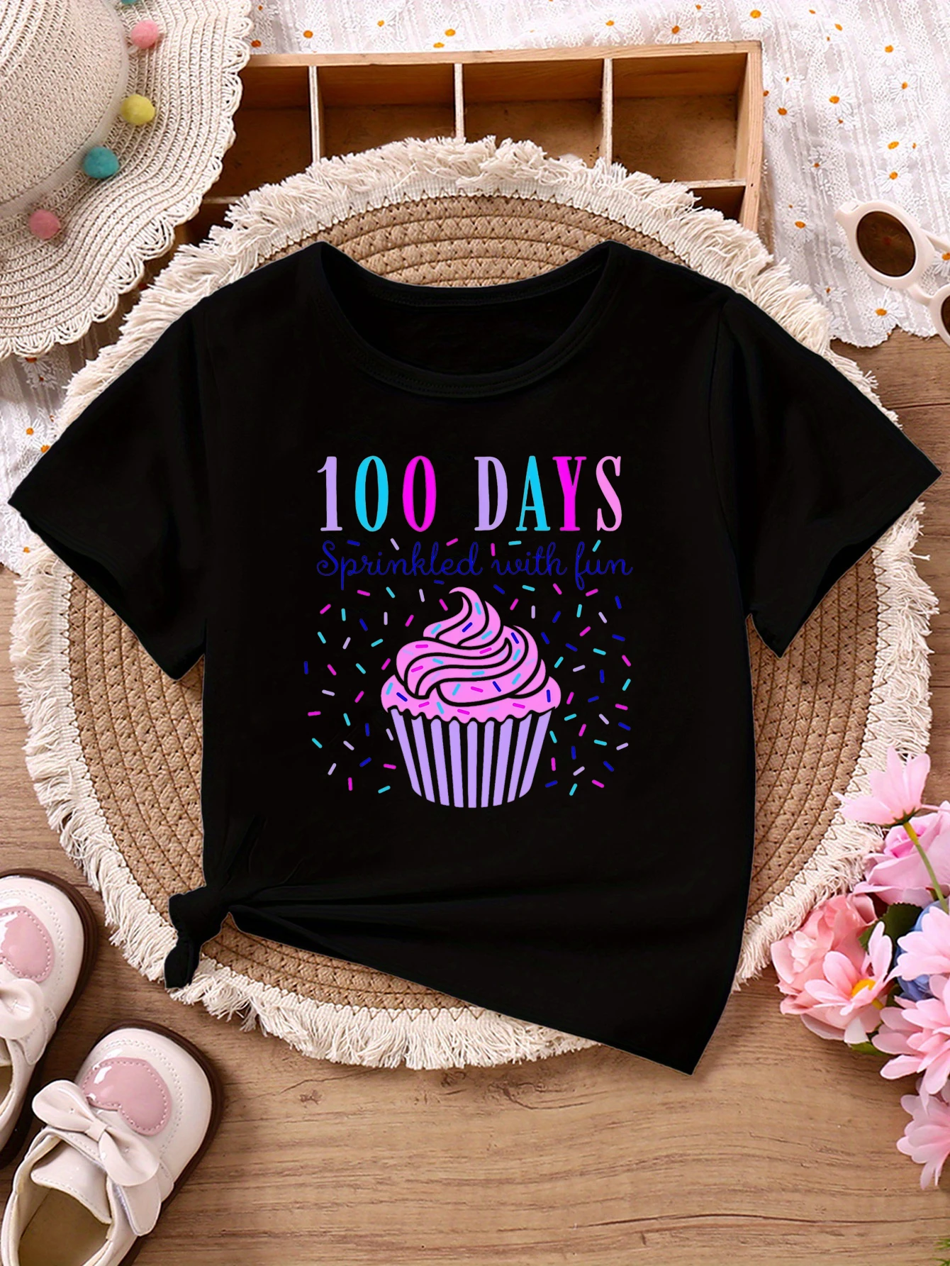 100 Days Sprinkled With Fun Ice Cream Printed T Shirt Girls Back-To-School Season T-Shirt Funny Kids Clothes