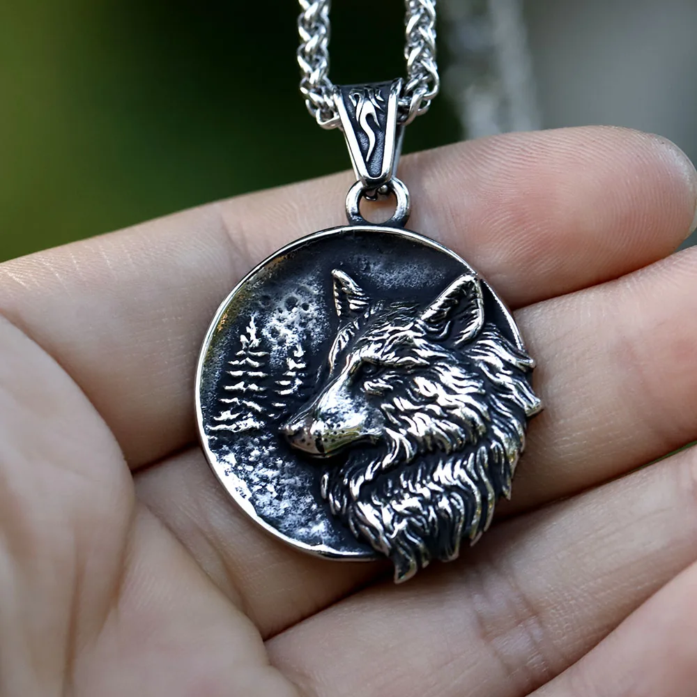 2024 Męski naszyjnik ze stali nierdzewnej 316L Vintage Round Viking Animal Wolf Wisiorek Łańcuch Naszyjnik na prezent Darmowa wysyłka — zdjęcie 5