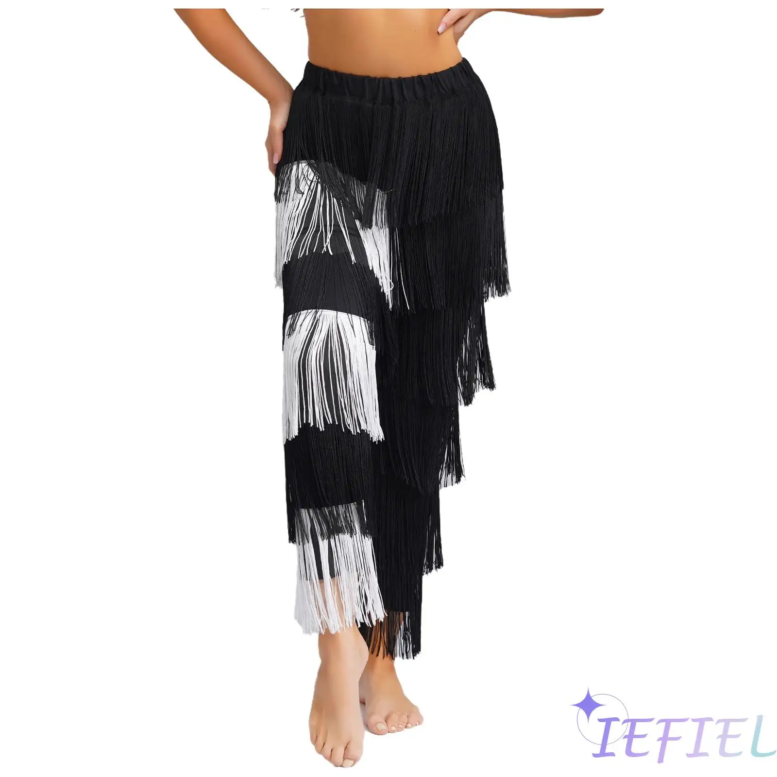 Womens Jazz Latin Dance Elastic Waist Pants with Tassels Contrast Color for Tango Rumba Dance Classes Competitions Performances