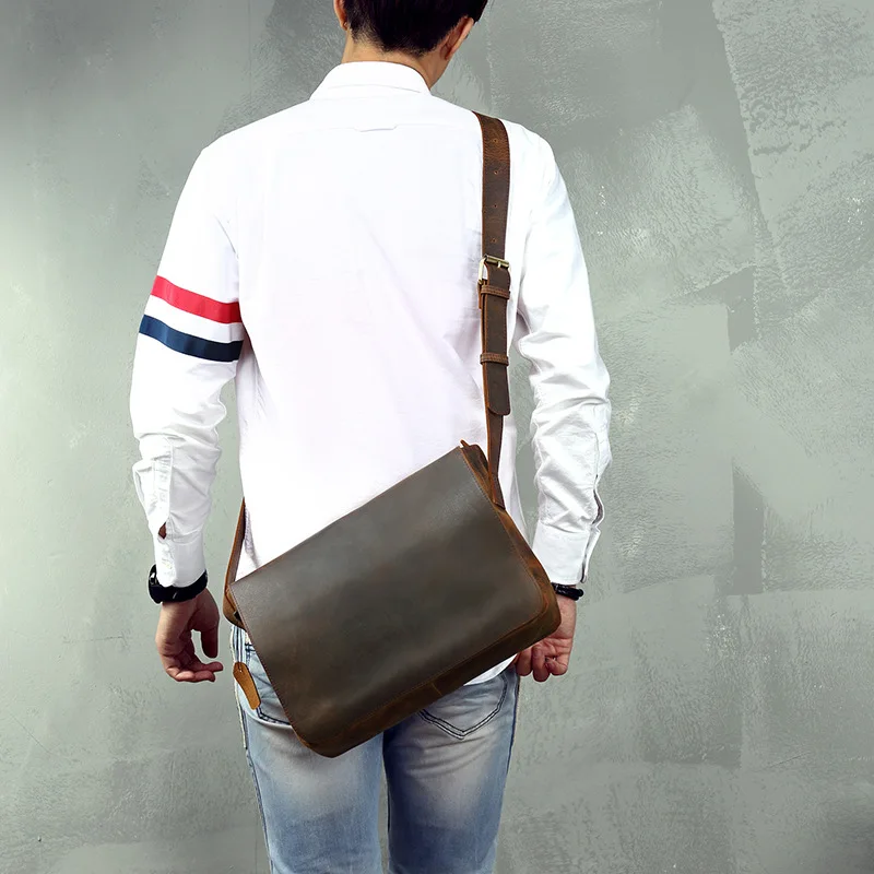 Bolsa de couro genuíno para homens, bolsa mensageiro retrô carteira marrom, bolsa de escritório e negócios, bolsa de ombro masculina