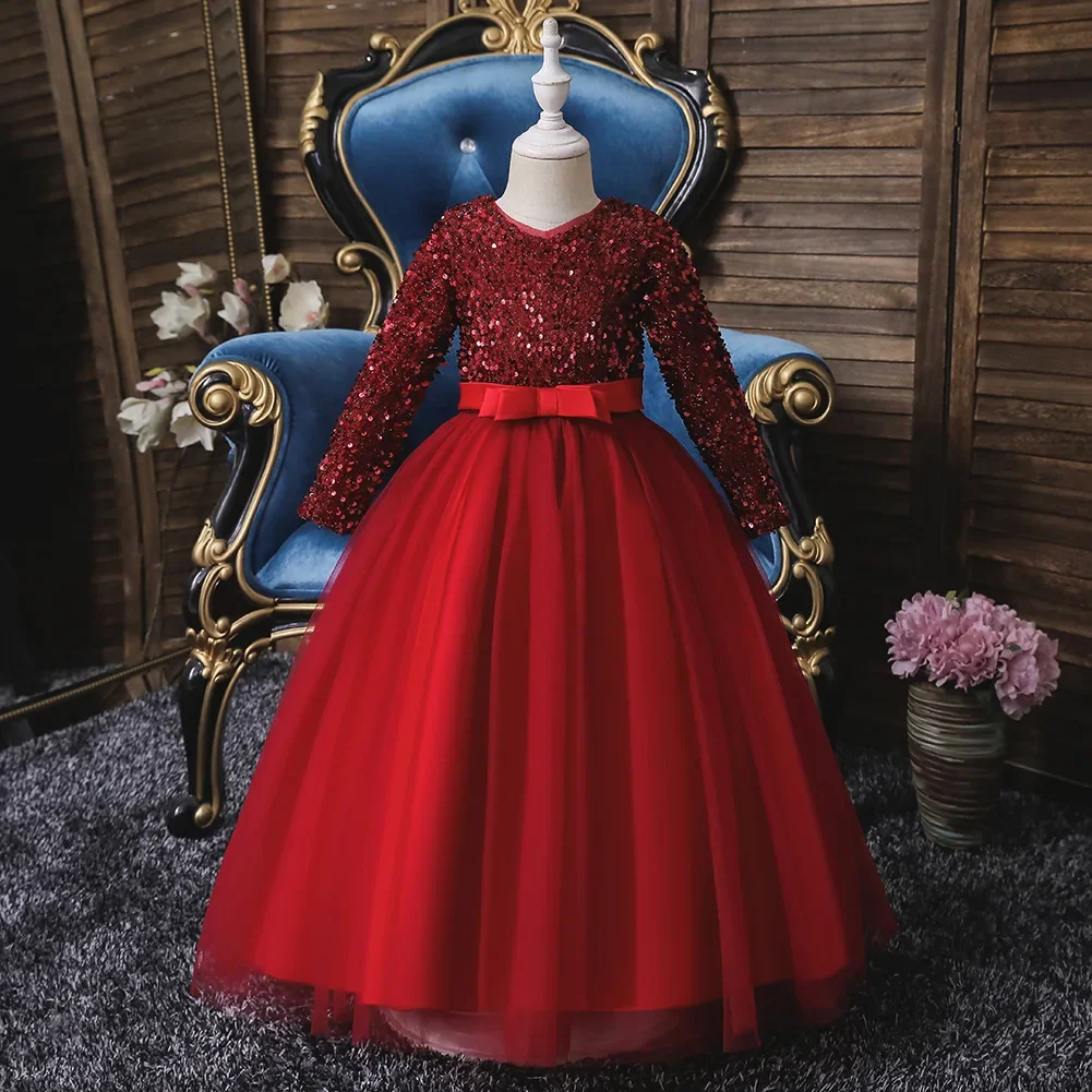 Vestido de manga larga con lentejuelas de cuentas, malla esponjosa, vestido de princesa, fiesta de cumpleaños, actuación, noche, nuevo, caliente, otoño, invierno