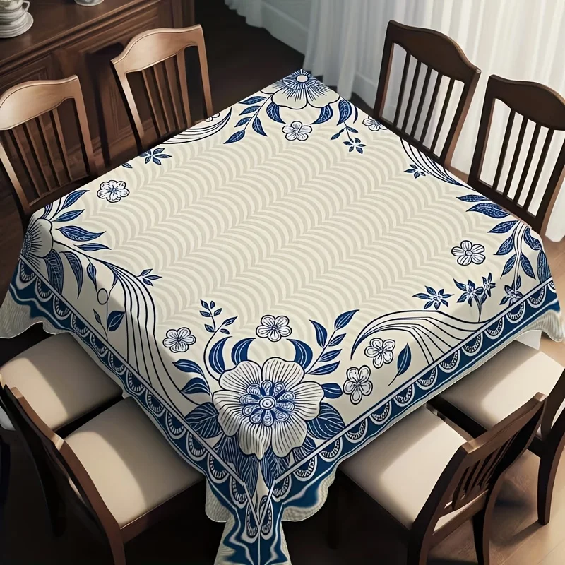 Elegant Blue Floral Pattern Waterproof Tablecloth for Dining Room Home Decor Spill Proof Table Cover