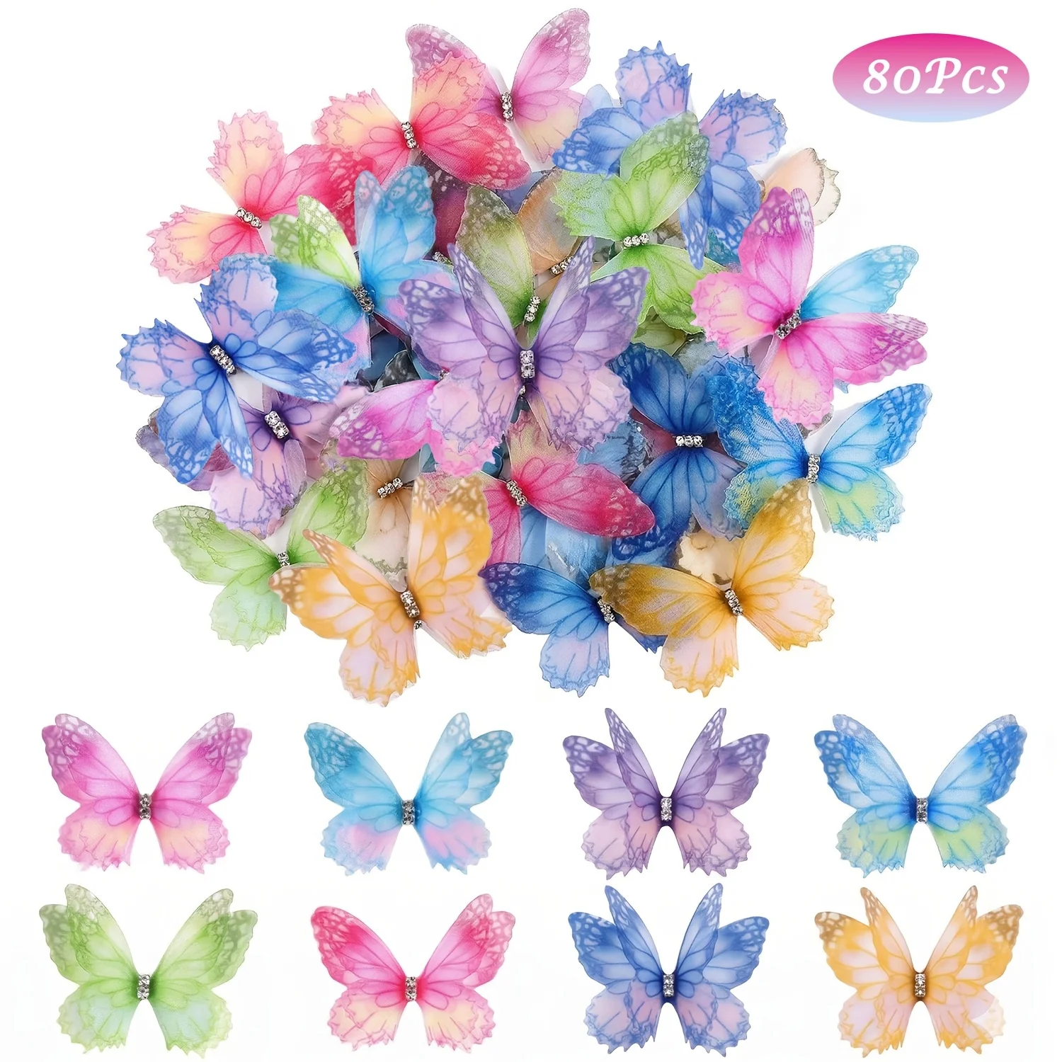 

80Pcs Organza Butterfly Crafts 2 Layers Butterflies 3D Organza Ornaments for DIY Crafts Wall Decorations Wedding Appliques