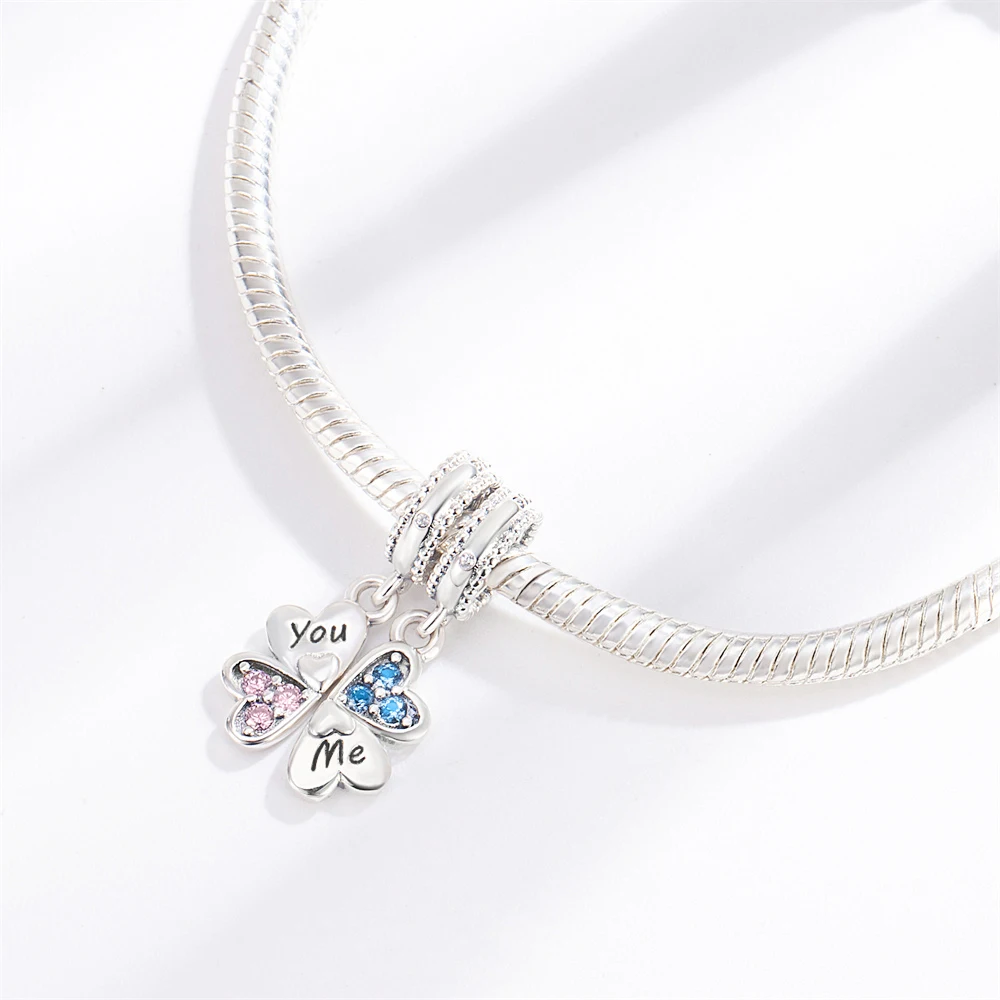 Pan Charms Original Four Clover YOU&ME Double Dangle Charm Bracelet Pendant Jewelry