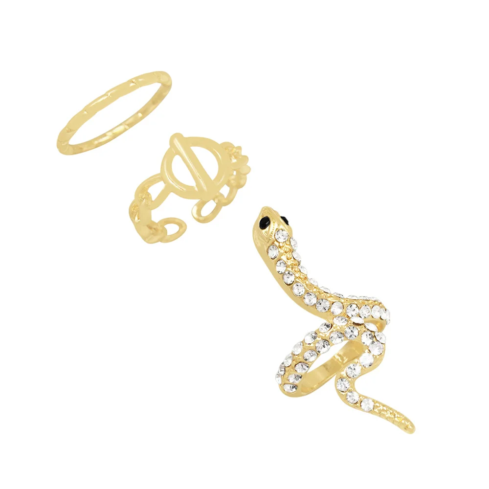 Trendy Goudkleurige Slang Getextureerde Heldere Steen 3 Stuks Ringpakket Voor Vrouwen Meisje Casual Elegante Prachtige Mooie Sieraden