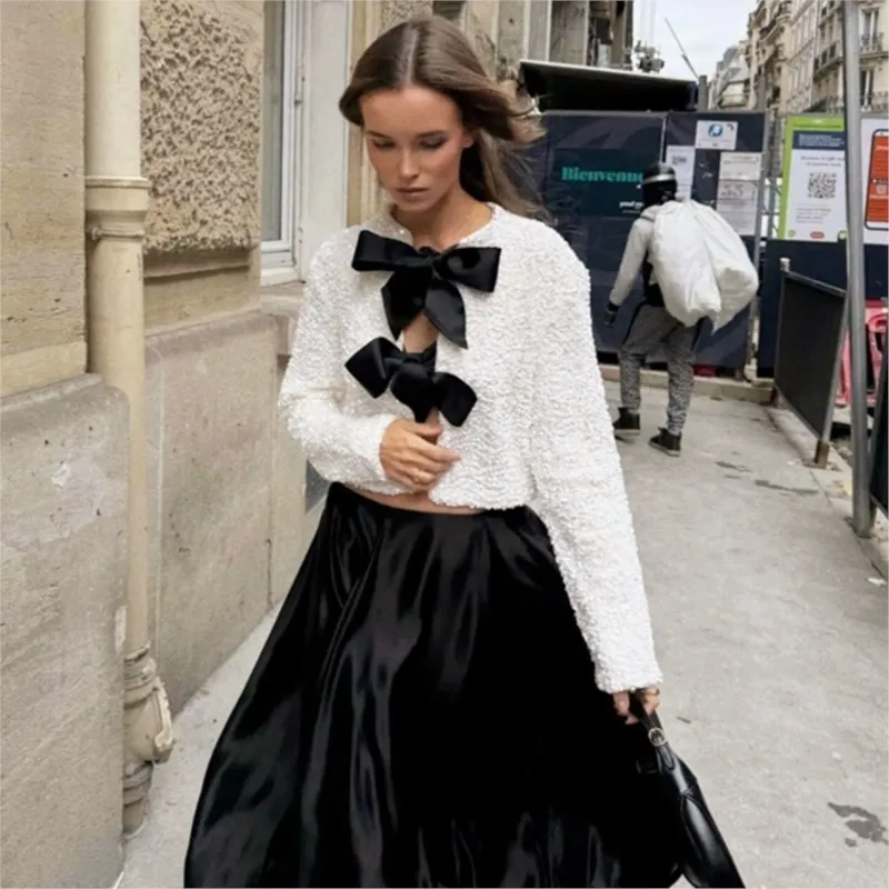 

Spring Autumn Woman TRAF Stylish Sequin Short Jacket Coats Fashion Bow Lace Up Vintage Long Sleeve Causal Elegant Slim Tops New