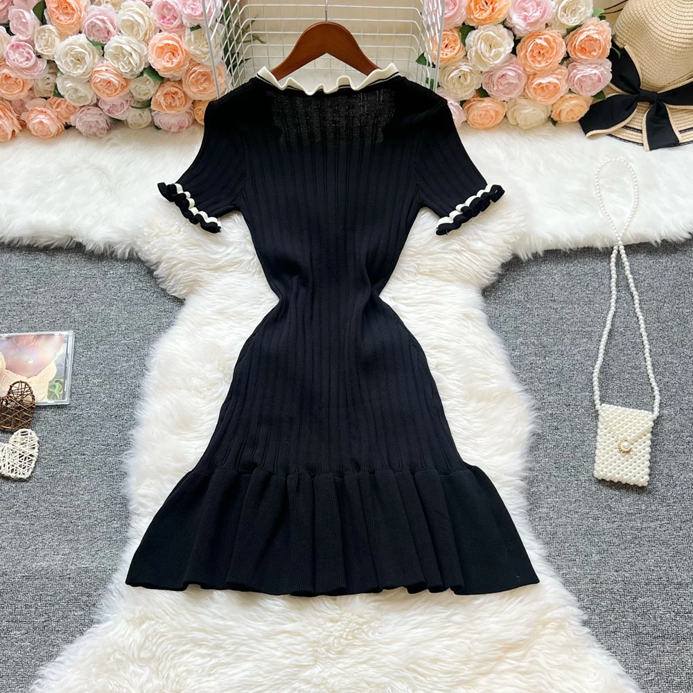YuooMuoo Chic Fashion Sexy Package Hips Knitted Mini Dress 2025 New Summer Women Elegant Black Ruffled Party Dress Streetwear image 6