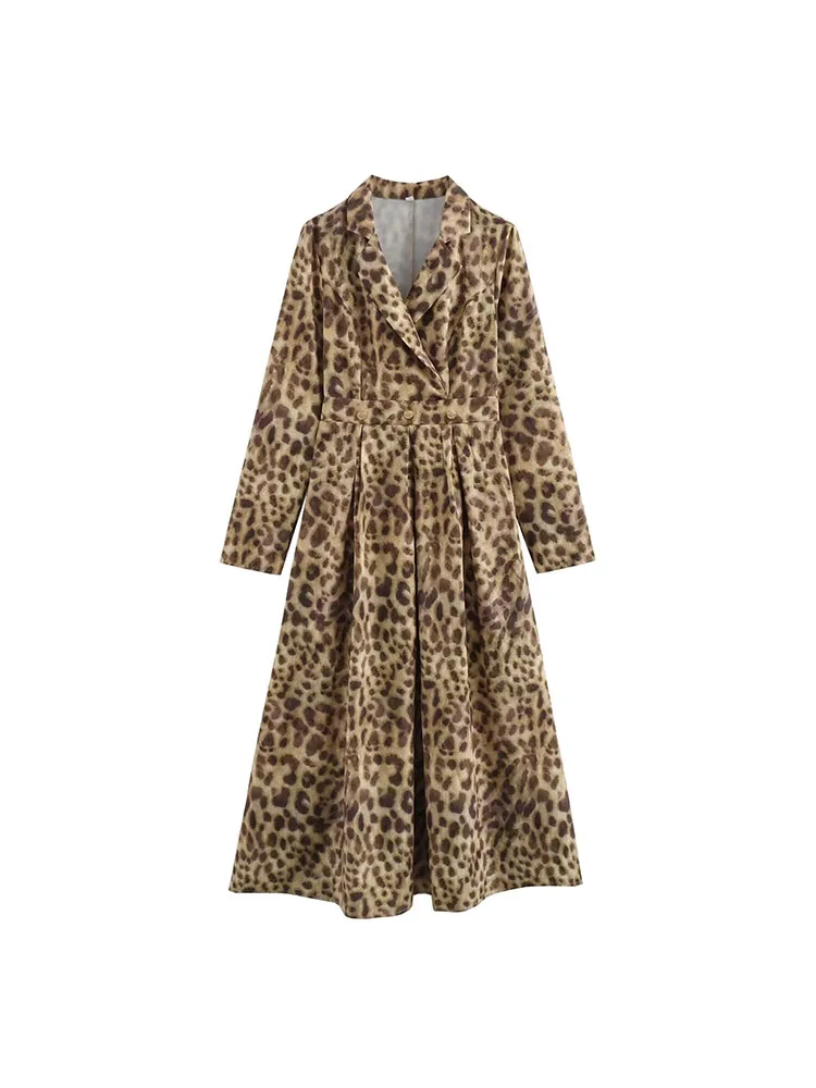 

2024 Temperament Leopard Print Dress Women Autumn and Summer New Slim Fit Versatile Medium Length Waist Long Dress