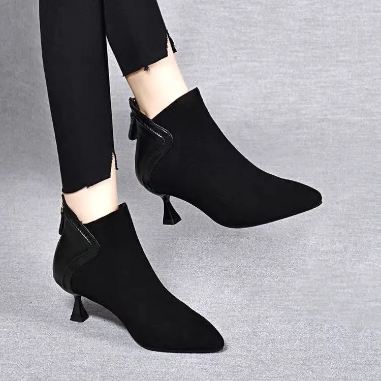 Women Pointed Toe Ankle Boots Slim Stiletto Heel Fleece Lined Short Booties Fall Winter Fashion Elegant Dress Shoes