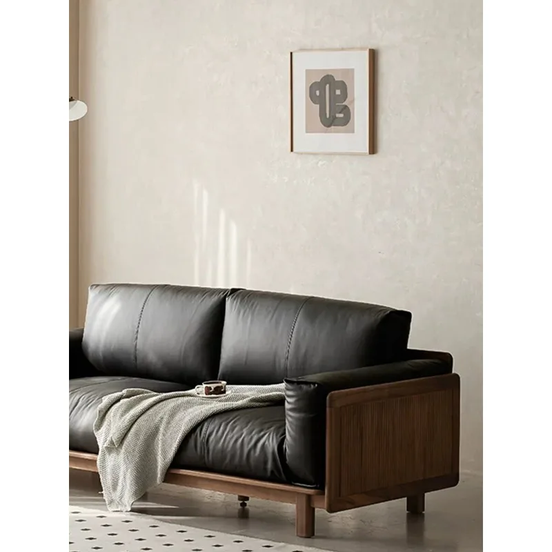 Nordic solid wood sofa black walnut leather small apartment living room modern simple Japanese log style furniture combination