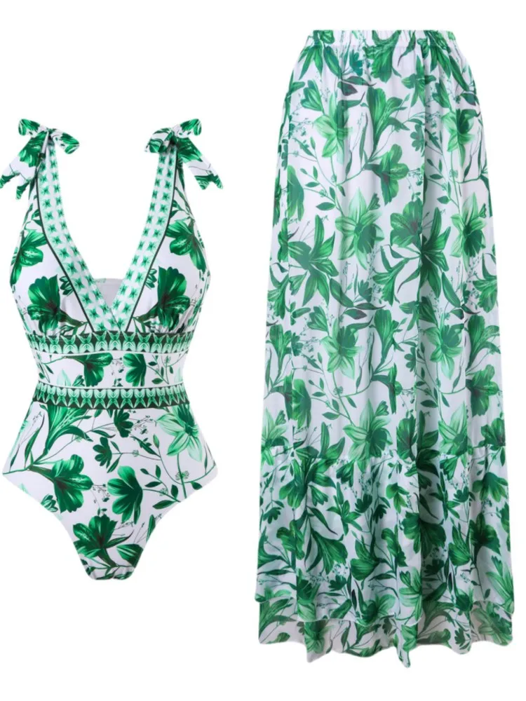 بيكيني ارتداءها ملابس النساء مع تنورة ثوب السباحة الصيف جديد كشكش لصق طباعة بحر عطلة بيكيني التستر وتتسابق